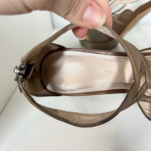 ELIE TAHARI High Heels Womens Size 37.5 Neutral Leather Snakeskin Baddie MobWife - Picture 7 of 10
